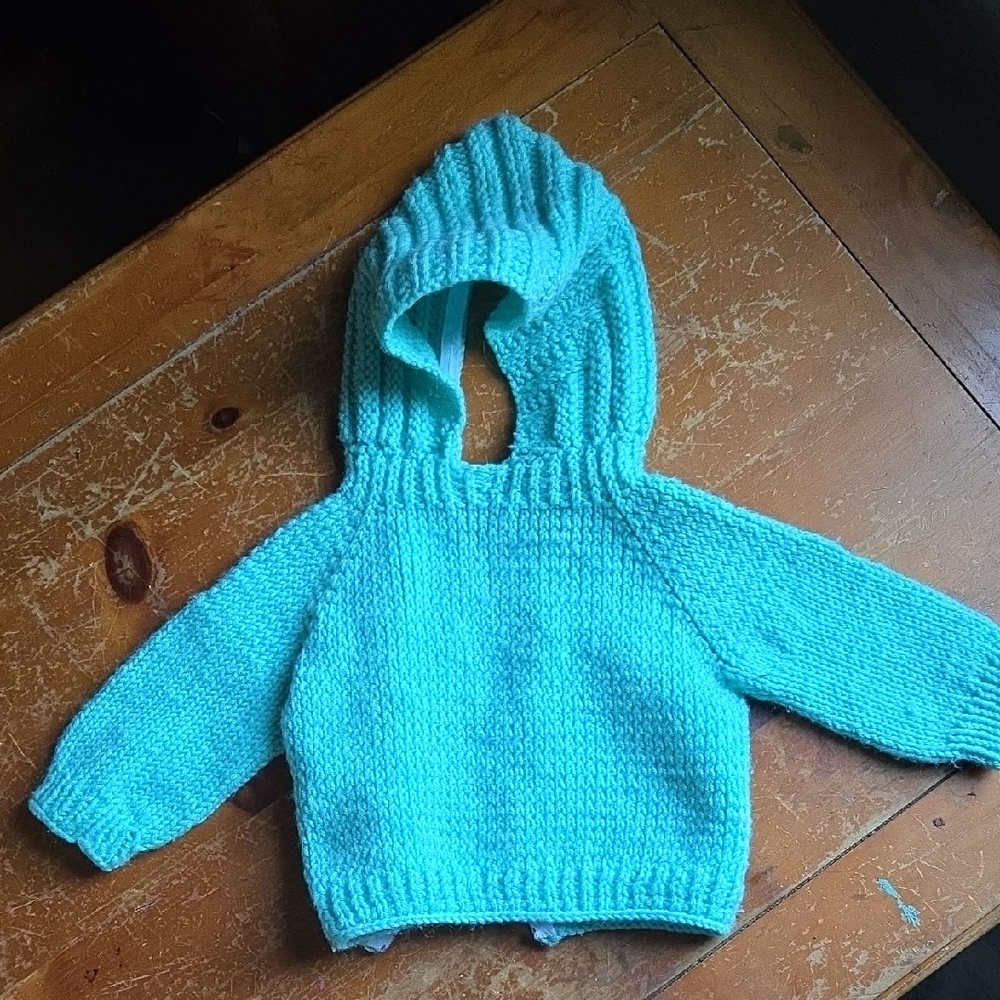 Cozy HANDMADE Knit Baby Hoodie Sweater in Aqua